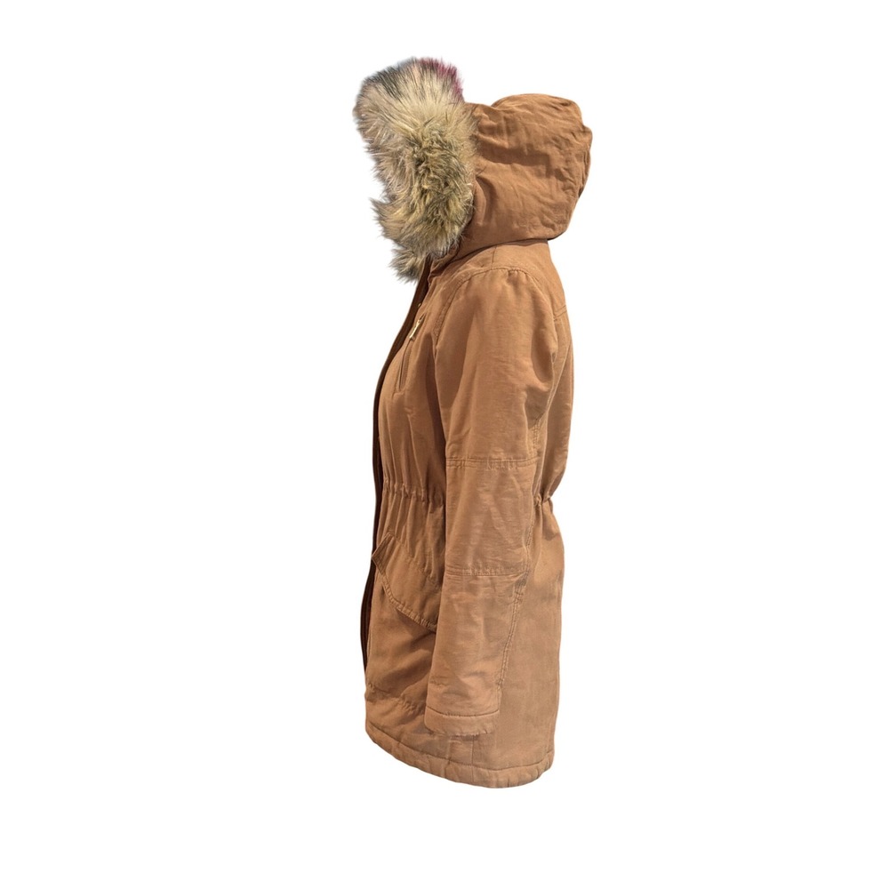 American Eagle Tan Utility Parka Jacket Sherpa Lined Faux Fur Hood Womens XS - Picture 3 of 7